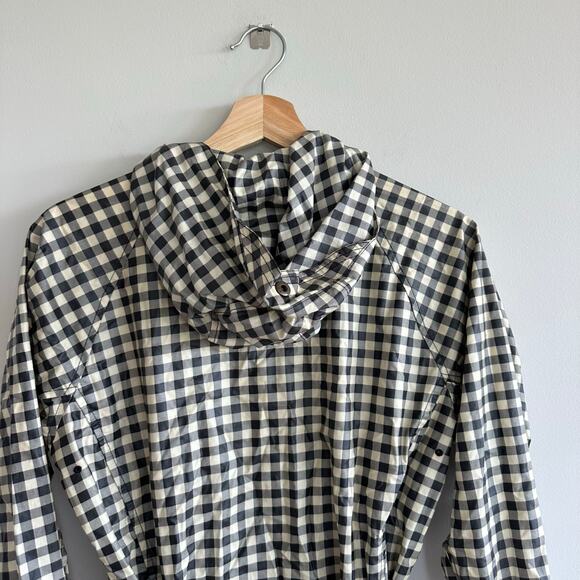 Columbia Plaid Belted Hoodie Waterproof Trench Raincoat Black Ivory M - Picture 10 of 12